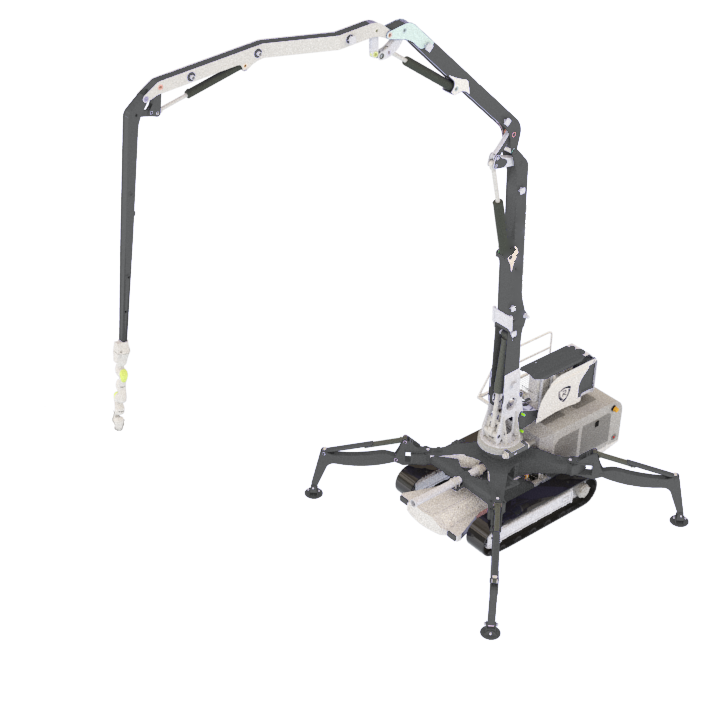 AUTOCON mobile robotic printer on deployed outriggers, boom arm extended across the site with the print head laying a curved multi-chamber wall