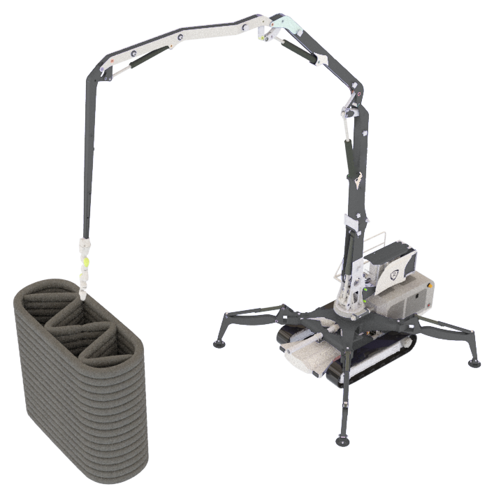 AUTOCON mobile robotic printer on deployed outriggers, boom arm extended across the site with the print head laying a curved multi-chamber wall