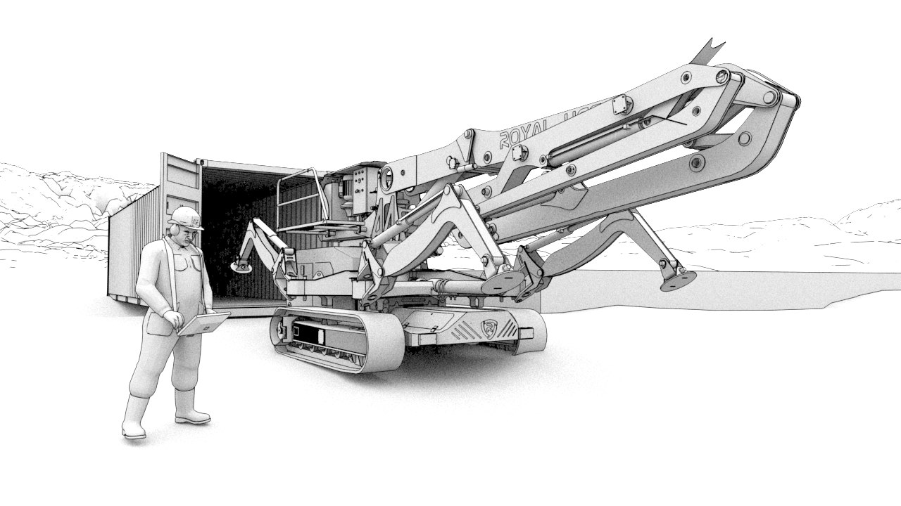 Concept render: the container doors open and the tracked printer moving out with the boom still folded, an operator alongside