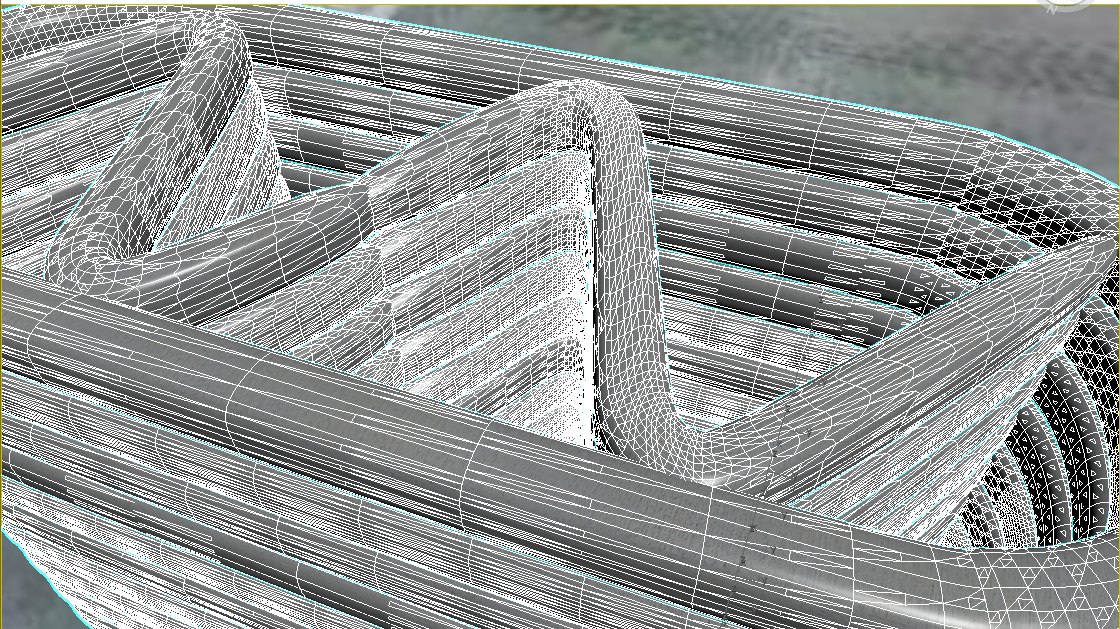 Rendered toolpath view of a printed structure: stacked bead layers and internal lattice webs shown as dense wireframe geometry