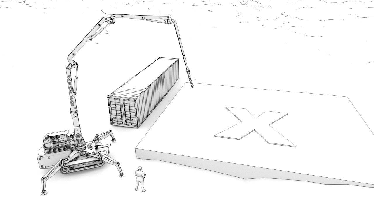 Concept render: the printer on deployed outriggers with the boom extended across a slab marked with a target, container parked behind