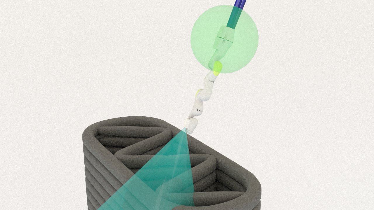 Render of the print head above a printed wall, the sensing field projected down onto the last laid layer