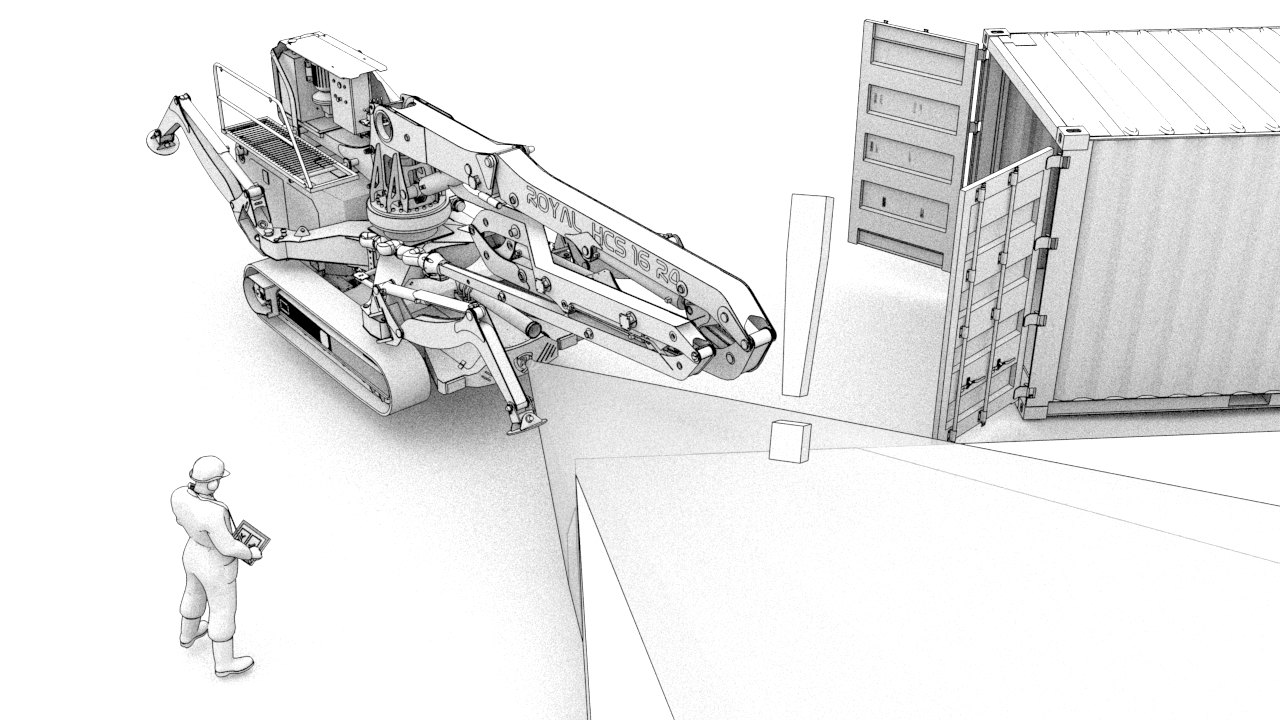 Concept render: the printer clear of the container on its tracks, boom and stabiliser legs articulating out, operator with a control tablet