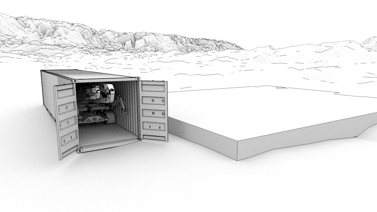 Concept render: an opened shipping container on a remote site with the printer stowed inside, a poured slab waiting alongside