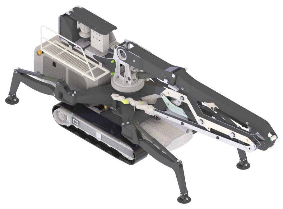 High three-quarter view of the AUTOCON platform: tracked undercarriage, four deployed outriggers, turret and the articulated boom arm folded down over the deck
