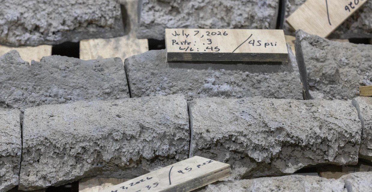 Photograph of printed test specimens stacked on timber battens, layer texture visible along each bead, with handwritten sample labels recording date, paste and water-cement ratios and a psi figure